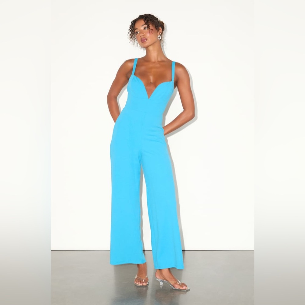 Lulus Brighton Bright Blue Plunge Wide-Leg Jumpsuit Size L